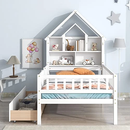 MERITLINE Twin Size Platform Bed With Drawer Wood Storage Bed Frame With House-Shaped Bookcase Headboard and Fence Guardrails For Kids,Boys,Girls(White) 3 MERITLINE Twin Size Platform Bed With Drawer Wood Storage Bed Frame With House-Shaped Bookcase Headboard and Fence Guardrails For Kids,Boys,Girls(White) - Image 3