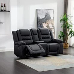 Harper & Bright Designs Recliner Loveseat Sofa, PU Leather Luxurious Living Room 2-Seat Couch, Home Theater Seating Manual Recliner With Center Console, Black