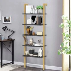 AWQM Industrial Wall Mounted Ladder Shelf, 5 Tier Bookshelf, Ladder Bookcase With Metal Frame, Organizer Plant Flower Display Stand, Open Bookcase Rack For Home Office, Balcony, Bathroom, Gold &Black -Safavieh Furniture 51DXCyPxApL