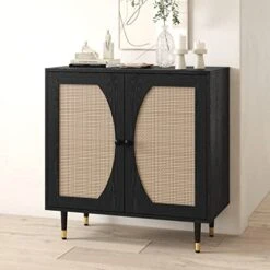 Black Buffet Sideboard Cabinet, Sideboards And Buffets With Natural Rattan Doors, Modern Entryway Console Table With Storage, Accent Storage Cabinet With Adjustable Shelves For Living Dining Room -Safavieh Furniture 51DdtSzlaeL