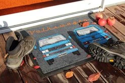 BRISA VW Collection - Volkswagen Vanagon Bus T3 Camper Van Door Mat, Entrance Mat, Indoor Outdoor Welcome Mat (27x20 Inches/Front & Back/Blue)