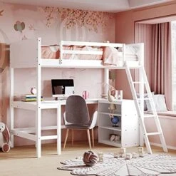 Harper & Bright Designs Full Loft Bed With Desk And 3 Drawers, Solid Wood Full Size Loft Bed Frame With 2 Tier Shelves And Angled Ladder For Kids Teens Boys Girls, No Box Spring Needed (White) -Safavieh Furniture 51DkmG8FdKL. AC