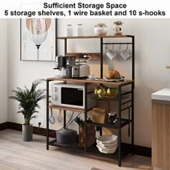 Simoretus Kitchen Standing Bakers Rack With Power Outlet Microwave Stand With Sliding Wire Basket And 6 Hooks Coffee Bar Kitchen Storage Shelf Rack For Spices,Pots And Pans Rustic Brown -Safavieh Furniture 51DljTNztYL