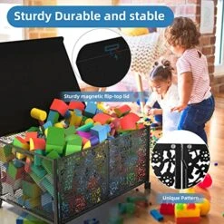 IDMOP Large Metal Toy Box Storage,Toy Box Chest With Lid,Collapsible Sturdy Toy Storage Bins With Wheels,Toy Storage Baskets With Handles For Nursery Playroom (2 Pack, Black)
