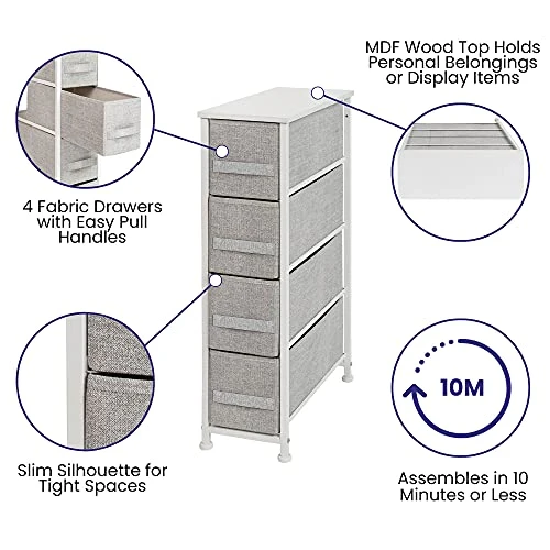 Flash Furniture Harris 4 Drawer Slim Wood Top White Cast Iron Frame Dresser Storage Tower With Light Gray Easy Pull Fabric Drawers 4 Flash Furniture Harris 4 Drawer Slim Wood Top White Cast Iron Frame Dresser Storage Tower With Light Gray Easy Pull Fabric Drawers - Image 4