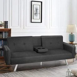 DKLGG Futon Sofa Bed, Upholstered Folding Futon Fabric Couch, Recliner Twin Size Futon Bed W/Removable Armrests 2 Cup Holders And Metal Legs, Modern Sofa For Compact Living Space, Apartment, Gray
