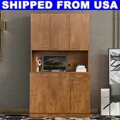 GENERIC AOMUSON New Upgrade Thicken Wood 71 Inch Tall Kitchen Pantry Cabinets, Farmhouse Freestanding Storage Cabinets Wardrobe Armoire, Kitchen Buffet Cabinet With 6 Doors, Shelves & Drawer (Walnut) -Safavieh Furniture 51DtpeLOU7L