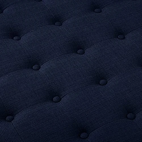 24KF Large Round Upholstered Tufted Linen Ottoman Coffee Table, Large Footrest Ottoman With Wood Shelf Storage- Navy Blue 3 24KF Large Round Upholstered Tufted Linen Ottoman Coffee Table, Large Footrest Ottoman With Wood Shelf Storage- Navy Blue - Image 3