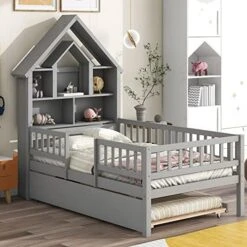 NCKMYB Twin Size Platform Bed With Storage Bookcase And Trundle, Kid Platform Bed With Fence Guardrails And House Shaped Headboard, For Boy Girl Toddler, Grey -Safavieh Furniture 51E0KMxMxL. AC