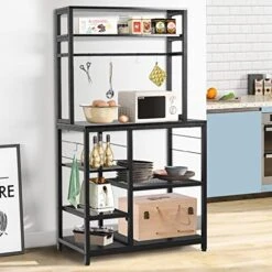 Bakers Rack With Storage, Industrial Microwave Oven Stand With Storage Mesh Panels And Sliding Hooks,Coffee Bar Stand With Wine Rack,Spice Rack, For Kitchen And Living Room, Black -Safavieh Furniture 51E467TUSQL