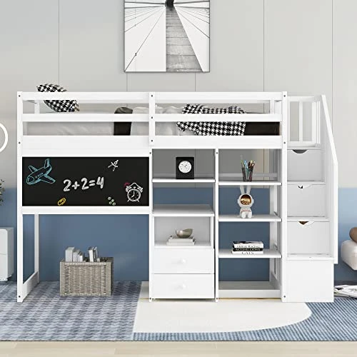 CITYLIGHT Twin Loft Bed With Stairs And Desk, Wooden Loft Bed Twin With Storage Shelves And Blackboard,Multi-Function Twin Size Loft Bed Frame For Kids Teens, White 2 CITYLIGHT Twin Loft Bed With Stairs And Desk, Wooden Loft Bed Twin With Storage Shelves And Blackboard,Multi-Function Twin Size Loft Bed Frame For Kids Teens, White - Image 2