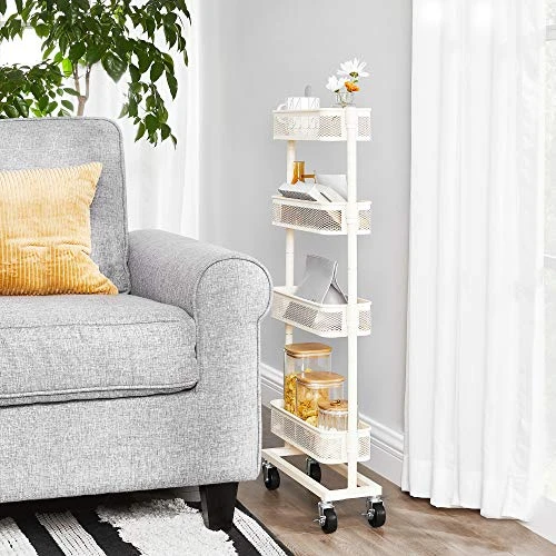 SONGMICS Slim Storage Cart, 4-Tier Slide-Out Trolley For Small Spaces, Bathroom And Kitchen, With Wire Baskets, Space Saving, Easy Assembly, White UBSC065W01, 15.9 X 5.3 X 35.7 Inches 2 SONGMICS Slim Storage Cart, 4-Tier Slide-Out Trolley For Small Spaces, Bathroom And Kitchen, With Wire Baskets, Space Saving, Easy Assembly, White UBSC065W01, 15.9 X 5.3 X 35.7 Inches - Image 2