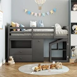 Twin Loft Bed With Stairs, Kids Low Loft Bed With Desk And Storage, Girls Boys Loft Bed Twin Size, Grey -Safavieh Furniture 51E9YPMo5tL