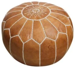 Handmade Morocco Moroccan Leather Pouf Ottoman - Tan Brown White Stitches - Hassock & Large Ottoman Footstool Cover Pouf - Unstuffed