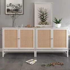 Pvillez Modern Storage Cabinet With Natural Rattan Doors, Sideboard Buffet Cabinet With Storage, Adjustable Shelves, Rattan Cabinet Console Table For Living Room, Dining Room, Entryway, White -Safavieh Furniture 51EXWINPkmL. AC