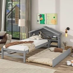 NCKMYB Kids Bed With Storage Twin Size Platform Bed With Trundle And Bookcase, House Bed Frame With Bookcase For Toddlers Boys Girls, White -Safavieh Furniture 51EY6aGPqTL. AC