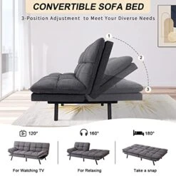 Opoiar Futon Sofa Bed Memory Foam Futon Couch Sleeper Sofa Convertible Fabric 71 Inch Futons Grey With Arm Rest, Metal Legs, Living Room Small & Compact Spaces, Easy Assembly