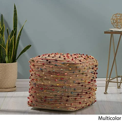 Great Deal Furniture Hellen Boho Jute And Cotton Pouf, Multicolor 2 Great Deal Furniture Hellen Boho Jute And Cotton Pouf, Multicolor - Image 2