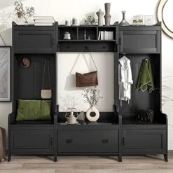 LUMISOL Hall Tree With Storage Bench For Entryway Livingroom Hallway 3-in-1 Design With Shelves Cabinet And 4 Hooks (White-with Lidded Door) -Safavieh Furniture 51EgLFjRbqL. AC