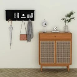Love Furniture Wall Mounted Coat Rack Shelf, With 4 Storage Cabinets And 4 Wall Coat Hooks, Perfect Storage Space For Your Entryway, Mudroom, Kitchen, Bathroom And More, Black -Safavieh Furniture 51Eifk7vKLL
