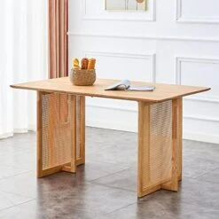 55" Dining Table For 4 To 6, Retro Wooden Kitchen Table Furniture With Rattan Weave Design Legs, Mid-Century Modern Imitation Rattan Dining Room Table For Dining Room, Living Room And Office, Oak -Safavieh Furniture 51Ep3Le9irL. AC