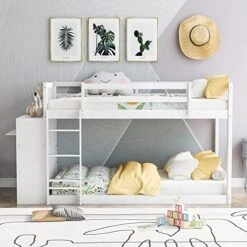 Harper & Bright Designs Twin Over Twin Bunk Bed Frame With Attached Cabinet And Shelves Storage For Kids,White -Safavieh Furniture 51EqlA59qFL