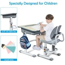 BABY JOY Kids Desk And Chair Set, Height Adjustable, Children's Study Table With Large Storage Space, Ergonomic Winged Backrest Chair, Student School Desk Set Great Gift For Ages 3 To 14 (Gray) -Safavieh Furniture 51ErZnRcJvL