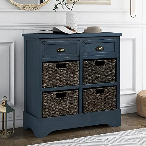 LUMISOL Console Table Sideboard Buffet, Storage Sideboard And Buffet Console Table With Two Drawers And Four Wicker Baskets For Kitchen/Living Room/Dining Room, Accent Furniture (Antique Navy) 1 LUMISOL Console Table Sideboard Buffet, Storage Sideboard And Buffet Console Table With Two Drawers And Four Wicker Baskets For Kitchen/Living Room/Dining Room, Accent Furniture (Antique Navy)