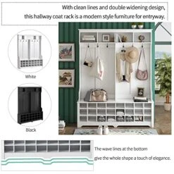 Hall Tree With Bench And Shoe Storage, Modern Hallway Coat Rack With Black Metal Hooks, Multifunctional Entryway Bench Hall Tree With Ample Storage Space For Living Room Hallway Bedroom, White -Safavieh Furniture 51EtCkSVmeL