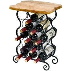 WELLAND Wine Rack End Table, Freestanding Small Wine Console Table, 13 Bottles Rustic Wine Stand Storage Organizer Display Rack | Metal & Natural Edge Cedar Wood Top | 13.8" W X 7.3" D X 20.1" H