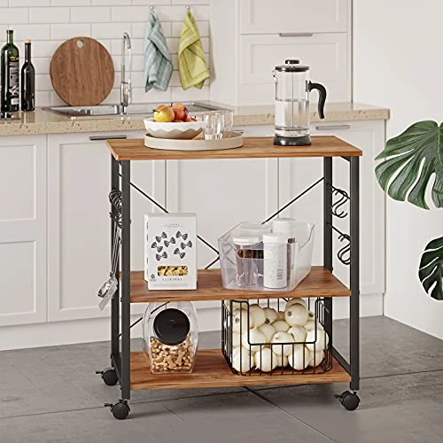 CubiCubi Baker's Rack Kitchen Cart, 3-Tier Utility Microwave Oven Rack On Wheels, Coffee Cart With Storage And 10 Hooks, Fir Brown 2 CubiCubi Baker's Rack Kitchen Cart, 3-Tier Utility Microwave Oven Rack On Wheels, Coffee Cart With Storage And 10 Hooks, Fir Brown - Image 2
