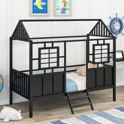 MERITLINE House Bed Twin Kids Bed Metal Frame, Low Loft Bed Twin Platform Bed With Roof, No Box Spring Needed, For Girls Boys - Black