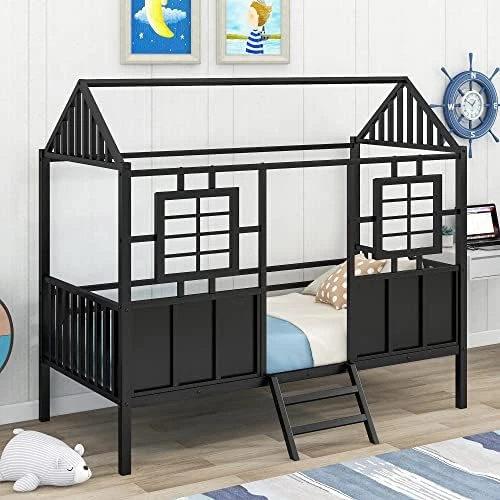 MERITLINE House Bed Twin Kids Bed Metal Frame, Low Loft Bed Twin Platform Bed With Roof, No Box Spring Needed, For Girls Boys - Black 4 MERITLINE House Bed Twin Kids Bed Metal Frame, Low Loft Bed Twin Platform Bed With Roof, No Box Spring Needed, For Girls Boys - Black - Image 4