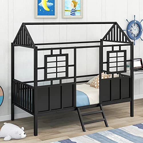 MERITLINE House Bed Twin Kids Bed Metal Frame, Low Loft Bed Twin Platform Bed With Roof, No Box Spring Needed, For Girls Boys - Black 1 MERITLINE House Bed Twin Kids Bed Metal Frame, Low Loft Bed Twin Platform Bed With Roof, No Box Spring Needed, For Girls Boys - Black