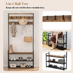 TATOZA 3-in-1 Entryway Hall Tree, Coat Rack Shoe Bench, Wood Look Accent Furniture With Hooks, Sturdy Steel Frame, Rustic Brown -Safavieh Furniture 51EzhTnmQAL