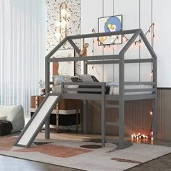 Harper & Bright Designs Full Loft Beds With Slide Wood House Loft Bed Frame Playhouse Bed For Kids Girls/Boys, Full Size, Gray