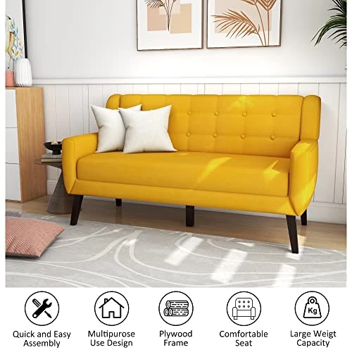 UIXE 3 Piece Indoor Comfy Sectional Sofa With Accent Chairs For Living Room, Linen Fabric Couch Modern Bedroom Loveseat 2-Seat Armchair For Home Apartment Small Space (Yellow) 4 UIXE 3 Piece Indoor Comfy Sectional Sofa With Accent Chairs For Living Room, Linen Fabric Couch Modern Bedroom Loveseat 2-Seat Armchair For Home Apartment Small Space (Yellow) - Image 4