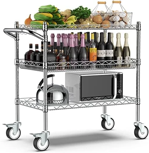 Leteuke Heavy Duty 3 Tier Rolling Utility Cart,NSF Certified 990Lbs Capacity Rolling Carts With Wheels,Commercial Grade Metal Cart With Handle Bar & Shelf Liner,Trolley Serving Cart For Kitchen, Black 4 Leteuke Heavy Duty 3 Tier Rolling Utility Cart,NSF Certified 990Lbs Capacity Rolling Carts With Wheels,Commercial Grade Metal Cart With Handle Bar & Shelf Liner,Trolley Serving Cart For Kitchen, Black - Image 4