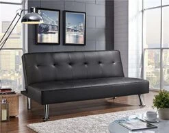 SAZAK Convertible Black Faux Leather Futon Sofa Bed, Black