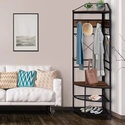 Kinbor Corner Hall Tree, Entryway Coat Rack With 8 Double Hooks And Shoe Bench, Vintage Corner Hall Tree For Home Office Bedroom, Rustic Brown