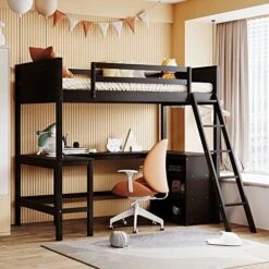 Harper & Bright Designs Full Loft Bed With Desk And 3 Drawers, Solid Wood Full Size Loft Bed Frame With 2 Tier Shelves And Angled Ladder For Kids Teens Boys Girls, No Box Spring Needed (White) -Safavieh Furniture 51FQ651iI4L. AC
