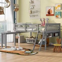Twin Size Low Loft Bed With Trundle And Storage Drawers,Wood Bed Frame With Full Safety Fence For Kids Girls Boys(Grey) -Safavieh Furniture 51FQlEyusFL. AC