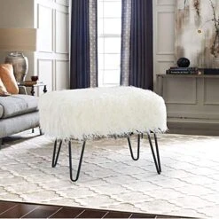 Home Soft Things Mongolian Faux Fur Ottoman, Antique White, 19'' X 13'' X 17'', Cozy Plush Fluffy Ottoman Foot Rest Stool For Living Room Bedroom Entryway Makeup Bench End Of Bed Home Décor