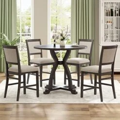 RUNWON Farmhouse 5-Piece Round Table Set With Trestle Legs And 4 Upholstered Dining Chairs-Rustic Furniture, Gray
