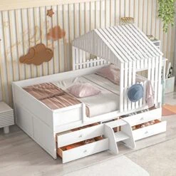 OTRIEK Full Size Low Loft Bed With 4 Drawers Frame With Safety Guardrail & Window Design, Solid Wood Design, Easy Assembly, No Box Spring Need, For Boys/Girls/Teens (White) -Safavieh Furniture 51FYV4562ZL