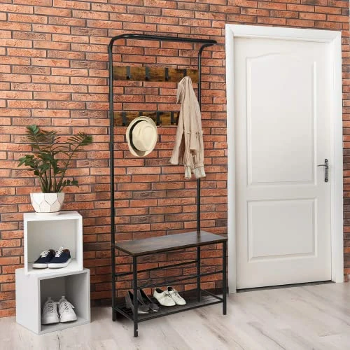 MASISDAOZ Rustic Hall Tree Coat Rack Shoe Bench, 3-in-1 Minimalist Hall Tree Coat 3-Tier Shoe Rack Stand With 9 Hooks For Entryway Hall Foyer Mudroom Bedroom, Easy Assembly, Rustic Brown 3 MASISDAOZ Rustic Hall Tree Coat Rack Shoe Bench, 3-in-1 Minimalist Hall Tree Coat 3-Tier Shoe Rack Stand With 9 Hooks For Entryway Hall Foyer Mudroom Bedroom, Easy Assembly, Rustic Brown - Image 3