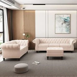 MIYZEAL 2 Pieces Living Room Sectional Sofa Set, Modern Velvet Button Tufted Chesterfield Sofa With Rolled Arm, Classic Upholstered Low Back Loveseat 3 Seater Couch For Living Room (Gray) -Safavieh Furniture 51Fh50TVOPL. AC