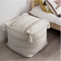 Blue Page Boho Neutral Decorative Square Unstuffed Pouf - Braided Handwoven Casual Ottoman Pouf Cover With Tassels And Cute Soft Tufted Footrest/Cushion For Bedroom Living Room, 18" X18”x16 -Safavieh Furniture 51FphjoCE9L