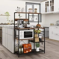 Simoretus Kitchen Standing Bakers Rack With Power Outlet Microwave Stand With Sliding Wire Basket And 6 Hooks Coffee Bar Kitchen Storage Shelf Rack For Spices,Pots And Pans Rustic Brown -Safavieh Furniture 51FrIVLUNlL