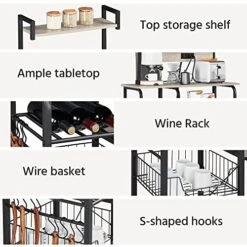 Topeakmart Industrial Kitchen Baker's Rack With Power Outlet, Utility Storage Shelf Unit With Wire Basket And Wine Storage, Coffee Bar Table Organizer With 10 Hooks, Gray -Safavieh Furniture 51FsVreW4GL